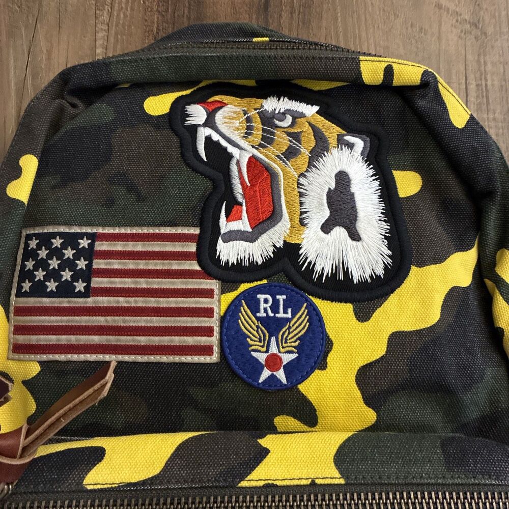 POLO Ralph Lauren '67 Backpack Men Yellow Camo Tiger USA Flag Patch Canvas - Picture 2 of 9
